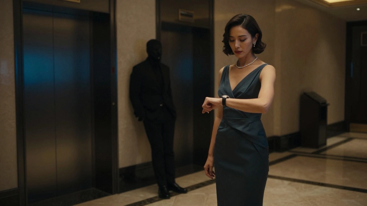A discreetly dressed woman waits in a Dubai hotel lobby, anticipating a carefully planned meeting.