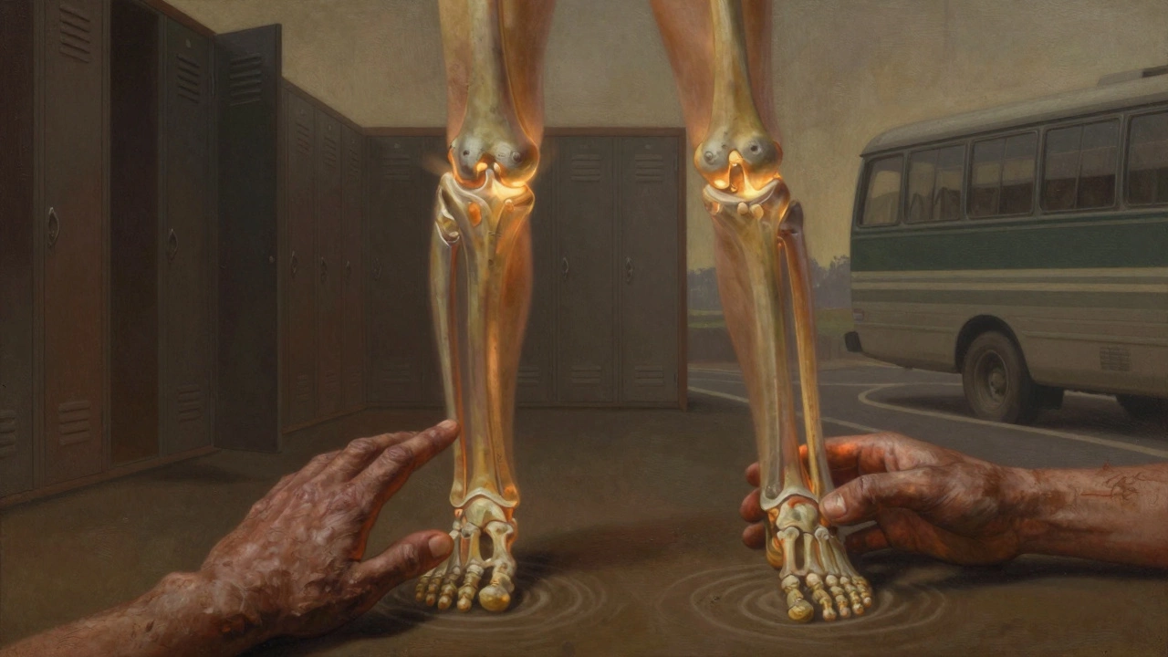A symbolic illustration of the human body as a chain of joints, with hands pressing on the foot to restore energy flow upward.