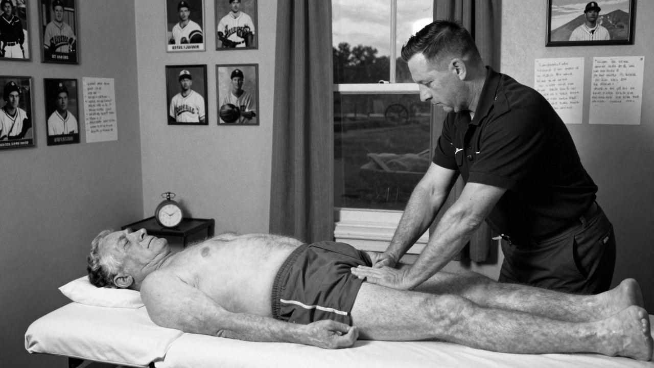 An ex-catcher receiving hands-on therapy from a veteran therapist in a modest St. Louis backroom, dusk visible through the window.