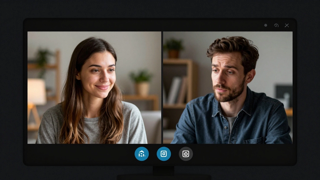 Two people connect through a private video call, sharing a moment of emotional presence without physical intimacy.